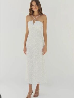 white feather trim dress For Lovers Feather Trim Sequin Maxi Dress White